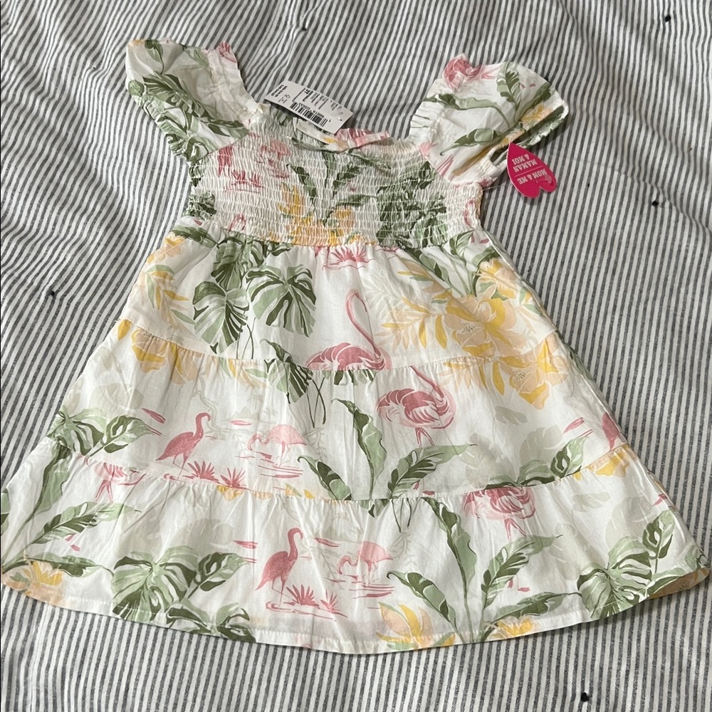 New Children’s Place 3T Cotton Florida Flamingo Dress Summer Pink Green smocked